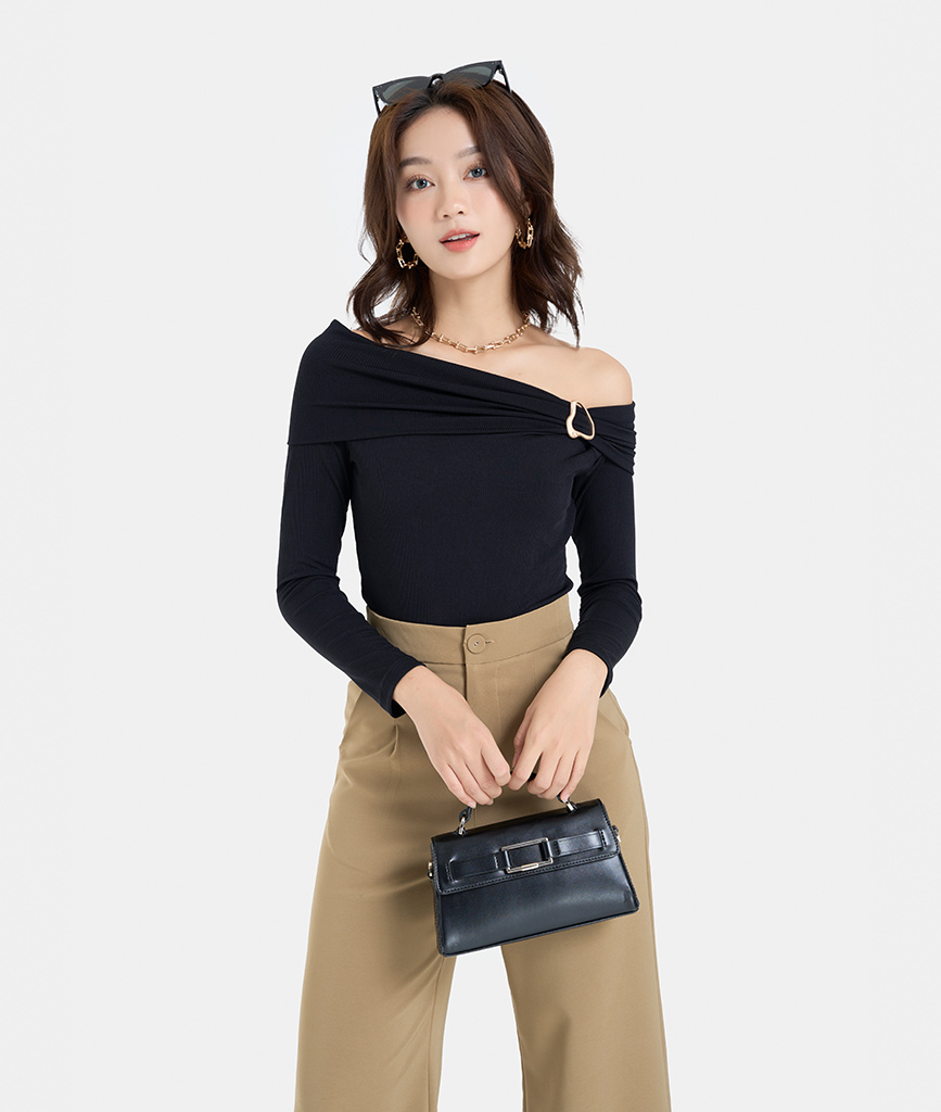 Áo Thun Gân Nữ Thời Trang HNOSS Offshoulder Gắn Khoen HNATH044