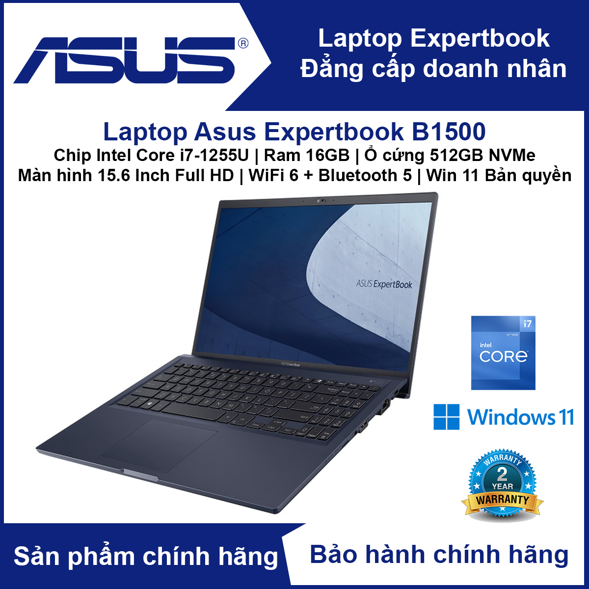 Laptop Asus ExpertBook B1500 (Chip Intel Core i7-1255U | RAM 16GB | SSD 512GB NVMe | 15.6' Full HD | Bảo mật vân tay | Bảo mật TPM 2.0 | Độ bền chuẩn quân đội US) - Hàng Chính Hãng