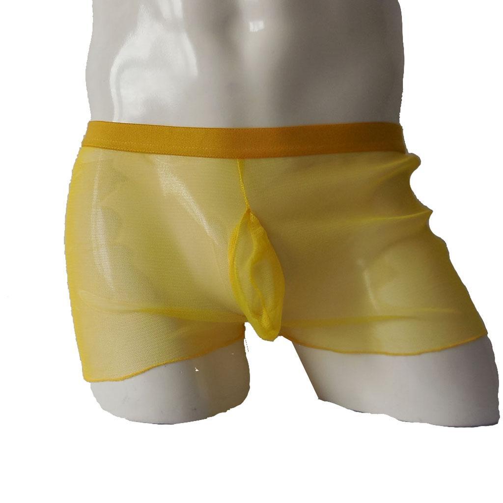 2-3pack Sexy Elastic Waist See-Through Voile Boxer Briefs Shorts for Men Yellow