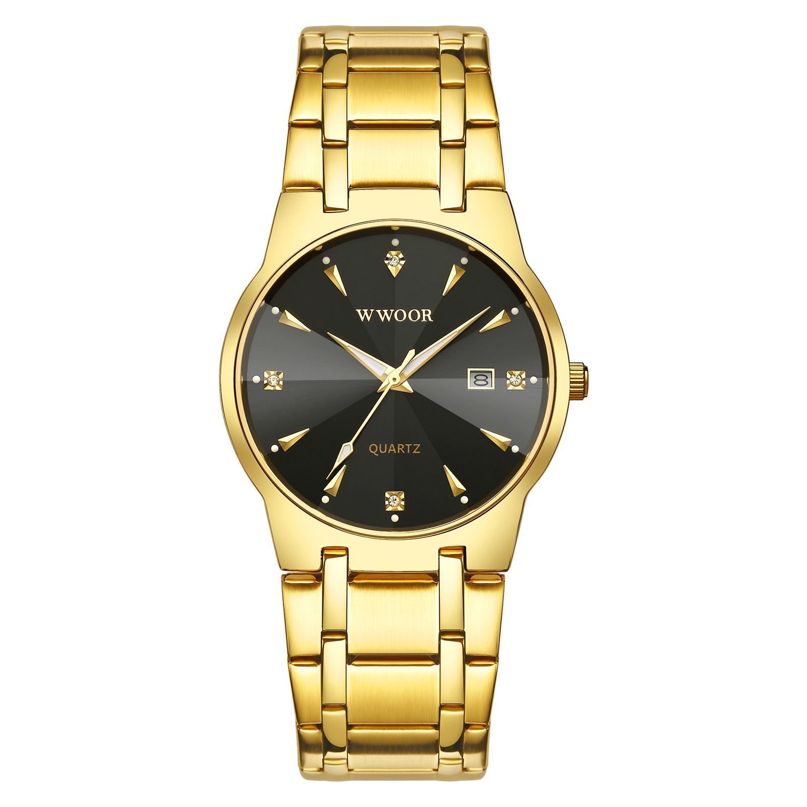 Đồng hồ đeo tay nam WWOOR Quartz Watch mặt số kim cương,con trỏ phát sáng 30M - Vàng hồng và đen