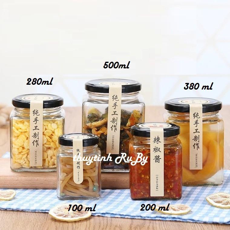 Hũ Lọ thủy tinh Vuông 200ml đựng thực phẩm, Hủ đựng mật ong, Lọ gia vị thủy tinh đựng bột nghệ