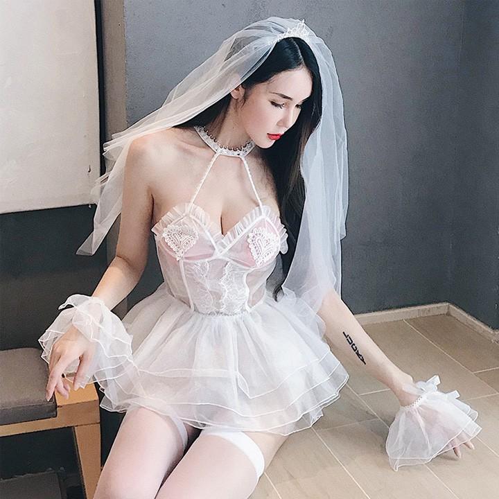 Cosplay cô dâu đáng yêu váy ngủ ren sexy xuyên thấu cao cấp