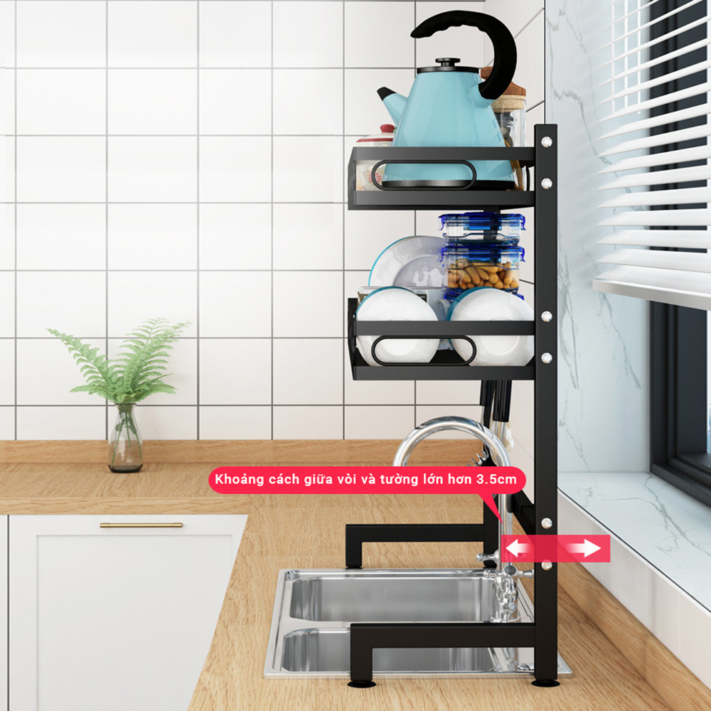 Kệ chén bát đa năng VANDO kích thước 2 tầng 95cm bằng thép carbon cao cấp không gỉ, giá để bát trên bồn rửa ráo nước cho nhà bếp sạch sẽ