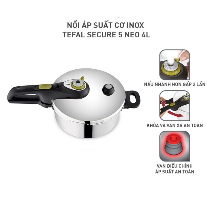 Nồi áp suất cơ inox Tefal Secure 5 Neo 4L, dùng cho mọi loại bếp - Hàng chính hãng