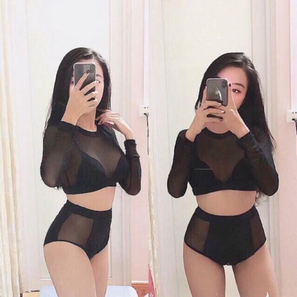 freeship Bikini hai mảnh đen phối lưới dài tay sexy mặc đi biển ( Ảnh chụp thật 100%)