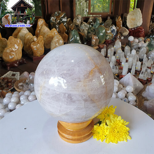Quả cầu đá thạch anh hồng tự nhiên Việt Nam QC690 nặng 8kg đường kính 18cm – vật phẩm phong thủy trang trí