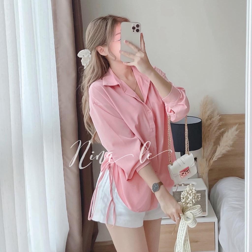 Sét bộ sơ mi dài tay rút dây phối quần đùi xinh xắn thời trang nữ dạo phố, đi biển