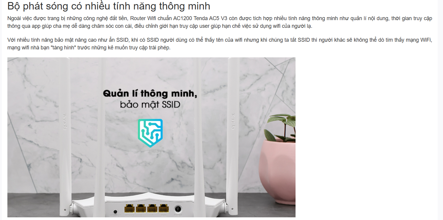 Bộ phát wifi Tenda AC5 chuẩn AC1200Mbps - Hàng chính hãng