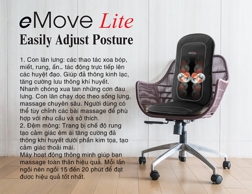 Đệm massage OKIA eMove Lite KWH948 - Mát Xa Vai Gáy, Lưng, Mông, Đả Thông Khí Huyết, Giảm Căng Thẳng