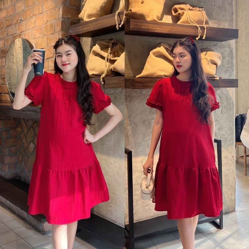 Đầm Bầu Phom Đuôi Cá Cổ Bèo Phối Tay Bèo Chất Xốp Hàn Nhẹ Nhàng Diện Đi Làm, Đi Chơi Xinh - Đen