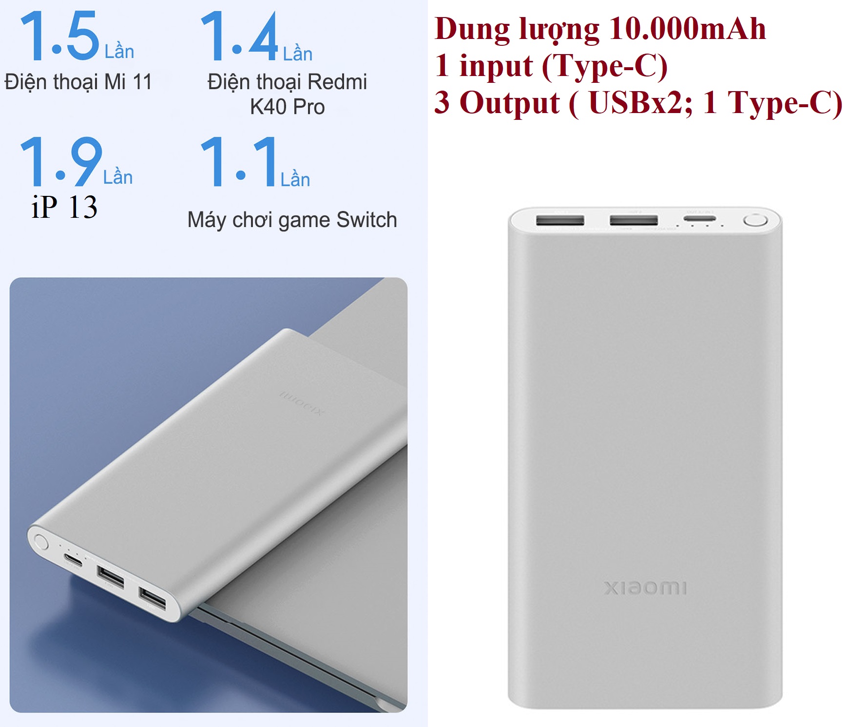 Pin dự phòng sạc nhanh 22.5W 10.000mAh 3 cổng Xiaomi PB100DZM _ hàng chính hãng
