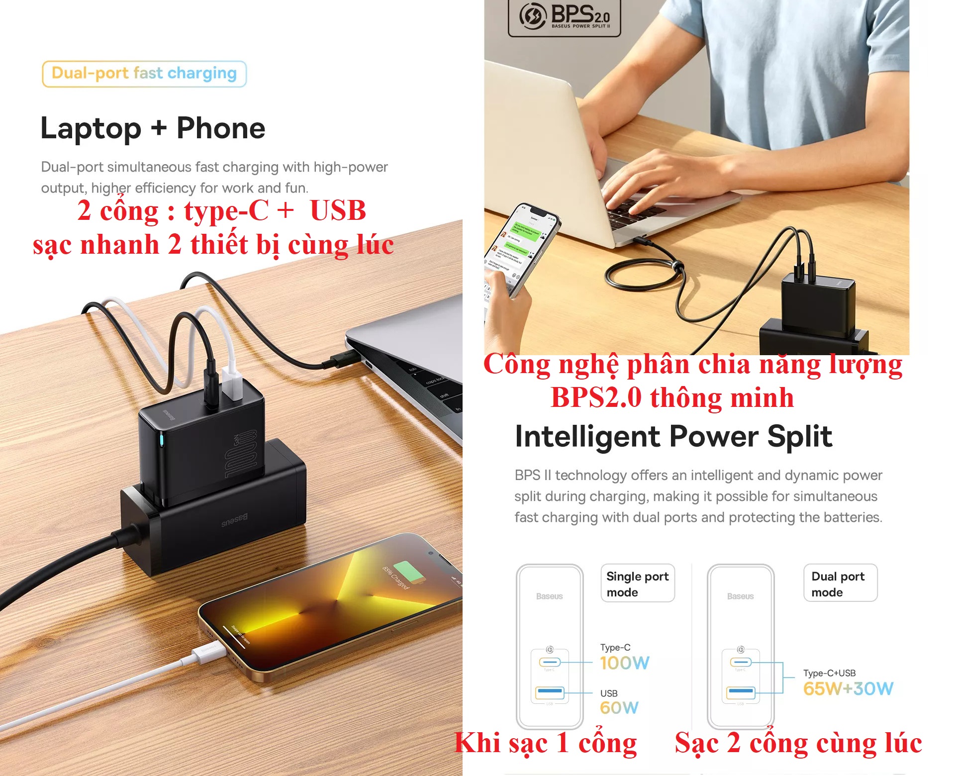 Bộ sạc nhanh 100W 2 cổng C+U chân xếp Baseus GaN5 Pro CCGAN100S5 _ Hàng chính hãng