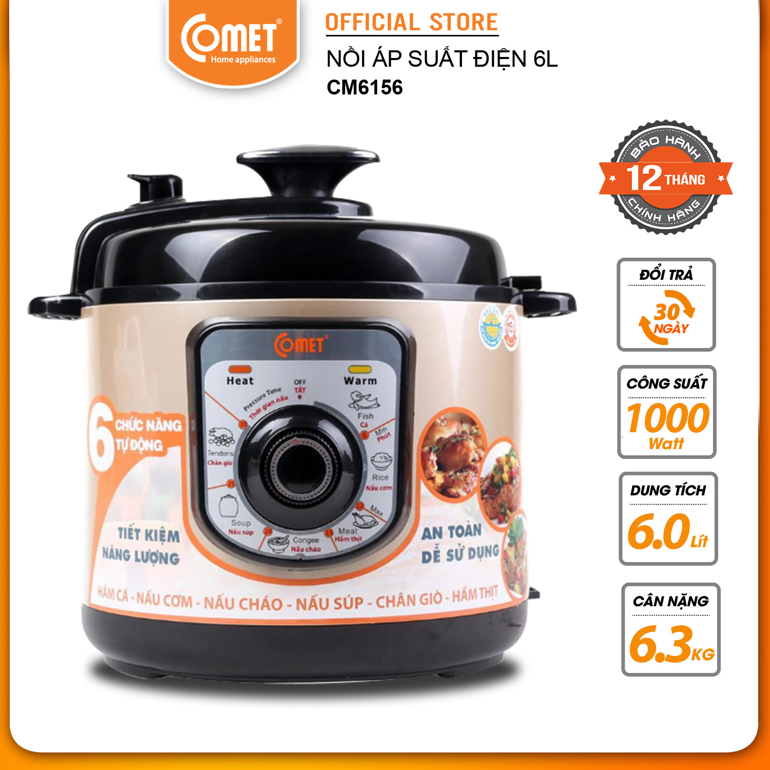 Nồi Áp Suất Điện Nắp Rời Comet CM6156C (6.0 Lít) - Màu ngẫu nhiên - Hàng Chính Hãng