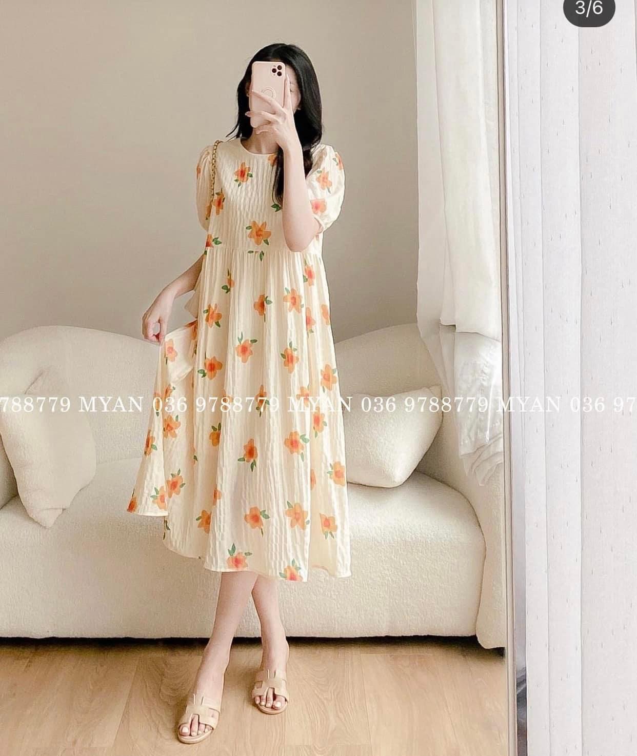 Đầm babydoll hoa cam tay phồng tiểu thư - đầm suông hoa