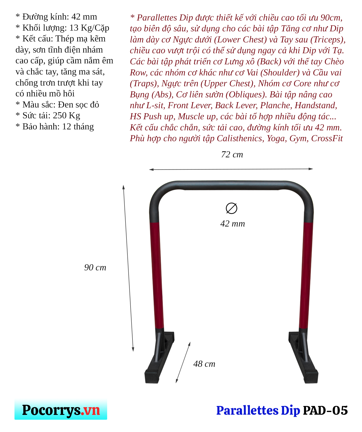 Xà kép Parallettes Dip cao 90cm, Pocorrys PAD-05, Màu đen đỏ