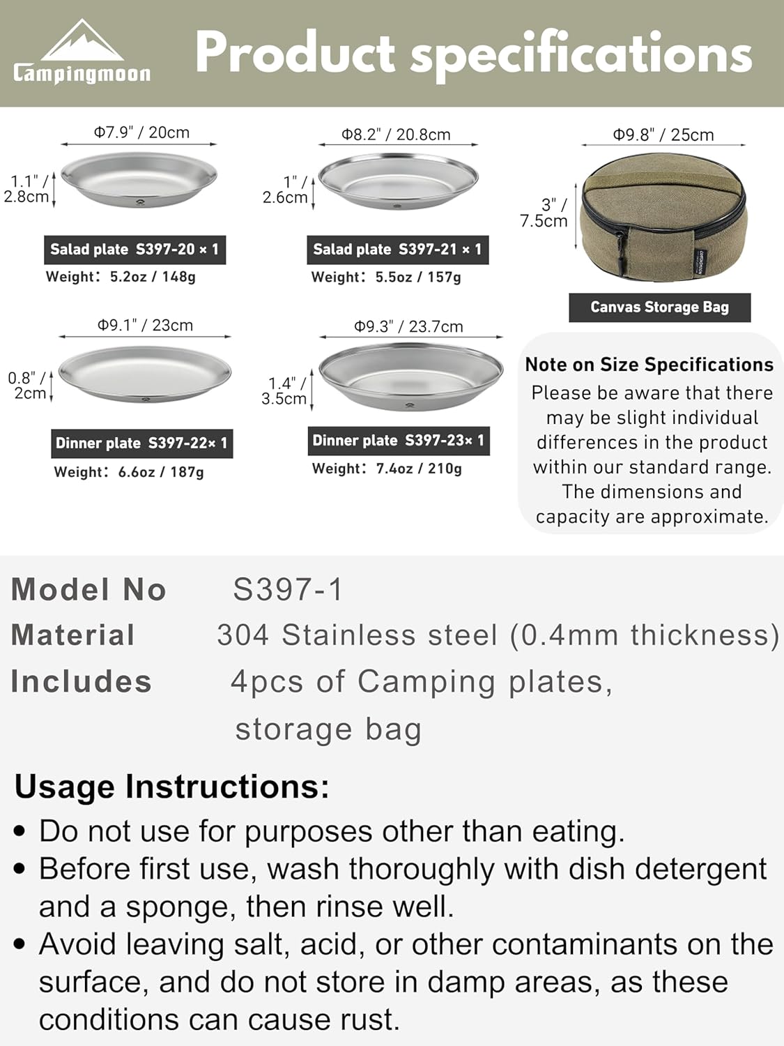 Bộ 4 - 8 đĩa ăn Inox cỡ lớn cho 1-2 người Campingmoon S397 / BKS397