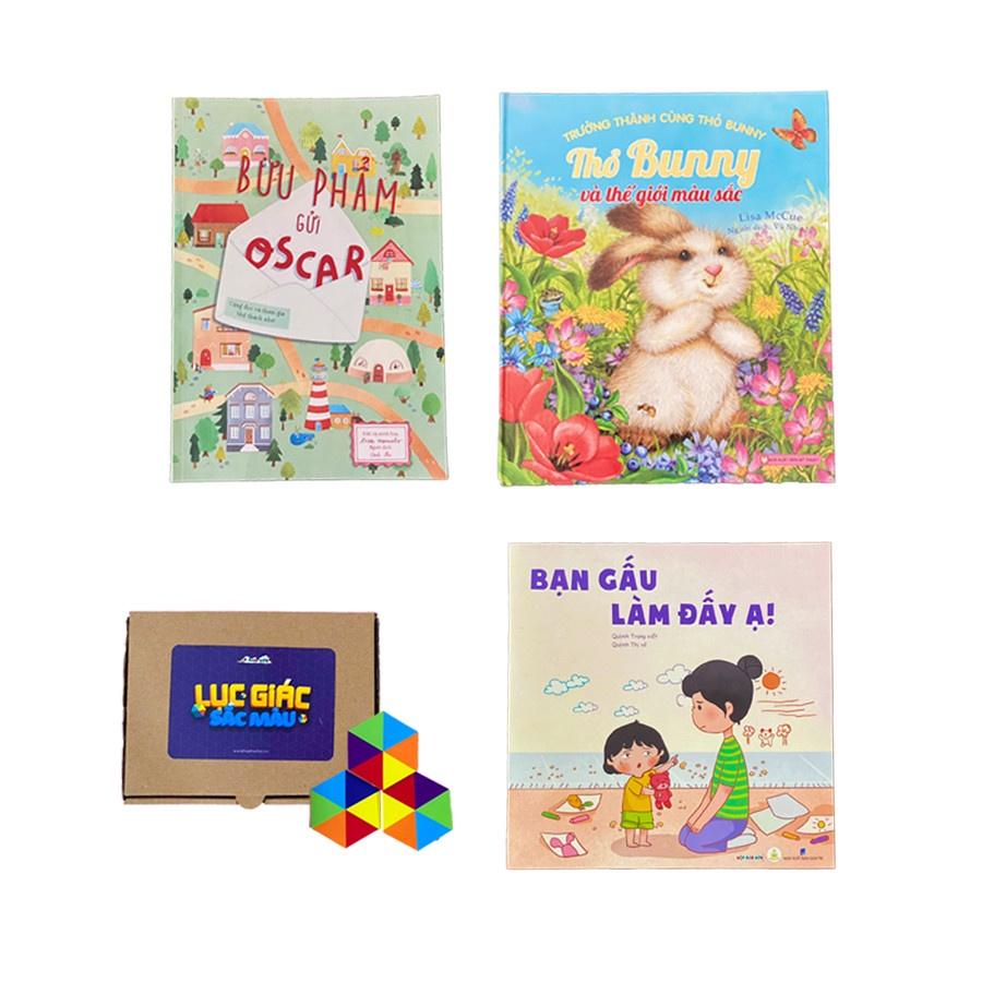 Hộp Háo Hức EM BÉ TRÁCH NHIỆM 3-6 tuổi gồm Đồ chơi thông minh Lục giác sắc màu và Bộ 3 sách cho bé
