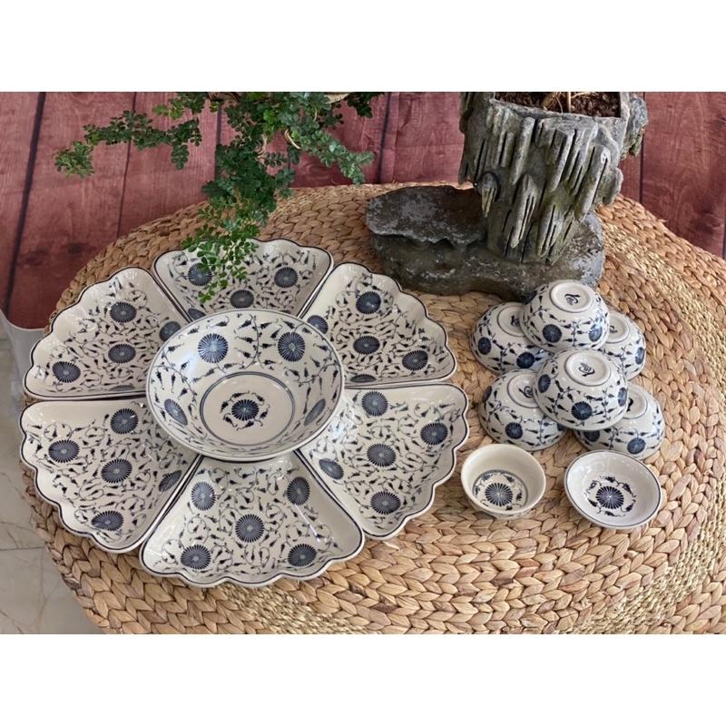 Set bát đĩa hoa mặt trời men rạn bóng giả cổ. Gốm sứ Bát Tràng.
