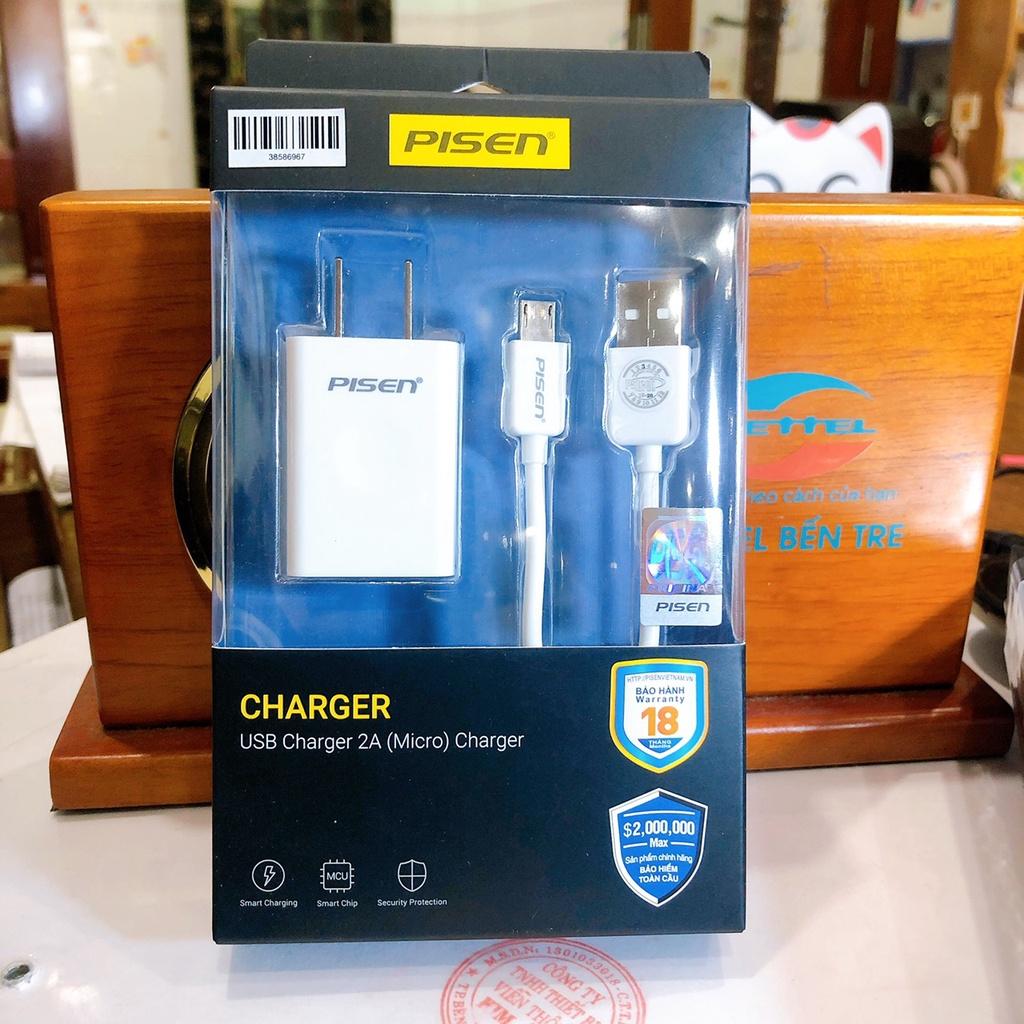 Bộ sạc nhanh PISEN USB Charger 2A ( Micro)- TS-C122, kèm cáp sạc điện thoại Micro (Micro) Trắng, Hàng chính hãng