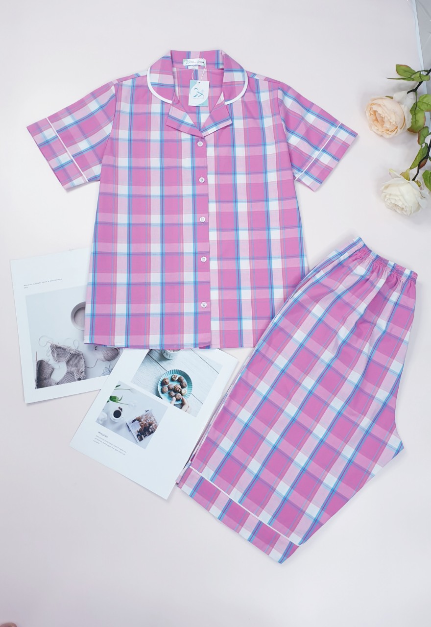 Đồ bộ nữ Pyjama Kate Lửng Caro Pink Chất Liệu Kate Cotton  cao cấp mặc nhà tay ngắn HAN CLOSET