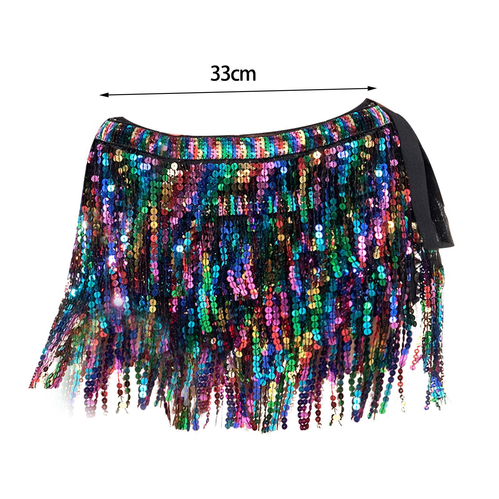 Women Belly Dance Hip Skirt Tassel Scarf Belt Latin Samba Sequin Wrap Dress
