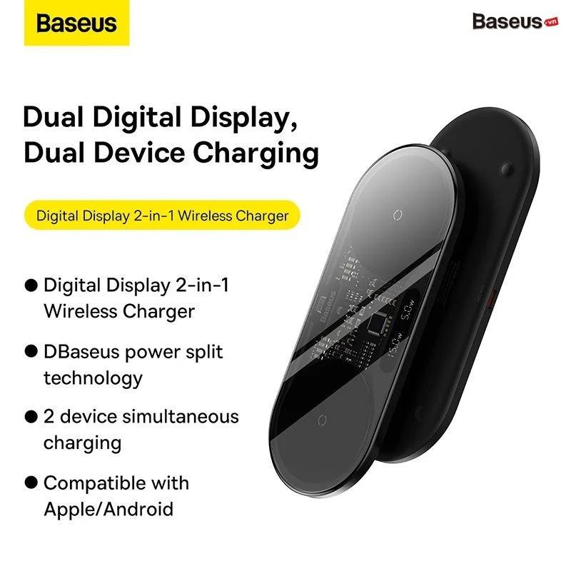 Đế Sạc Nhanh Không Dây Đa Năng Baseus Digital LED Display 2in1 Wireless Charger 20W New 2022 ( Hàng Chính Hãng)