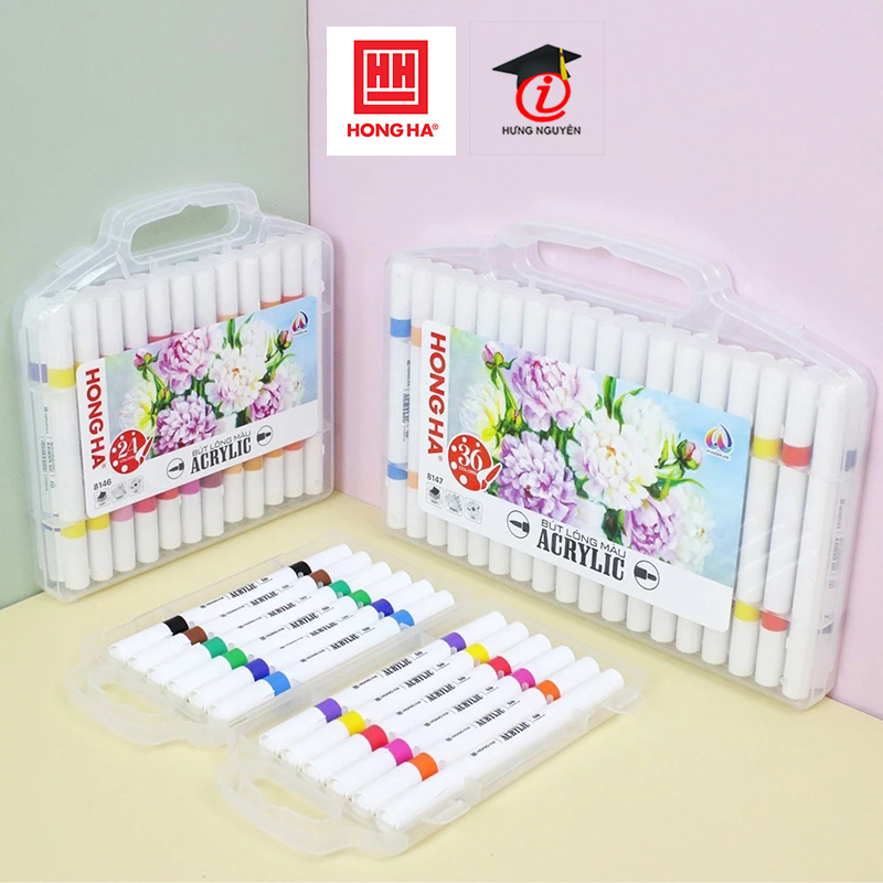 Bút lông màu Acrylic 2 đầu Hồng Hà tô trên mọi chất liệu (12/24/36 màu) - 8145 / 8146 / 8147