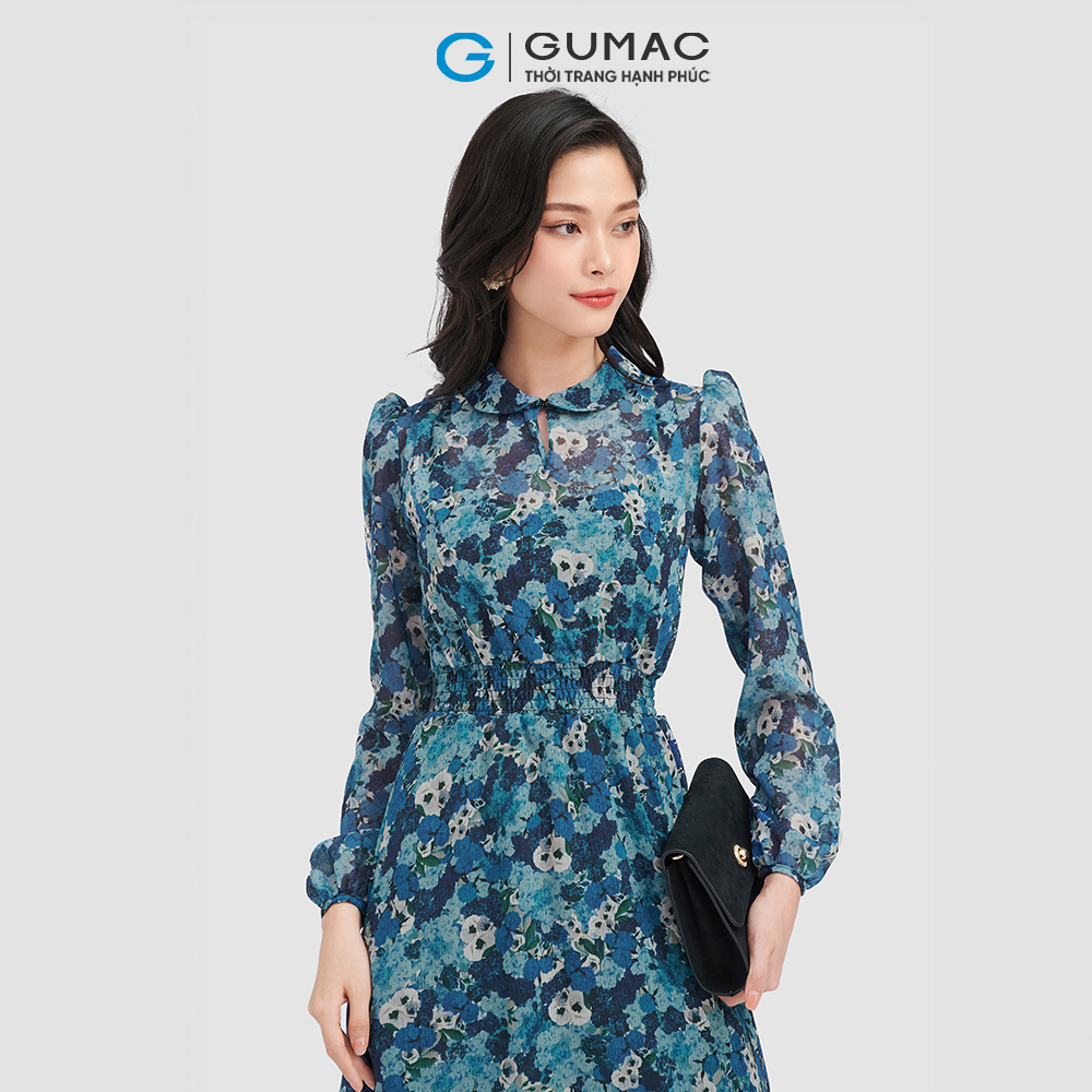 Đầm form A GUMAC LD0906 họa tiết tay dài eo nhún thời thượng