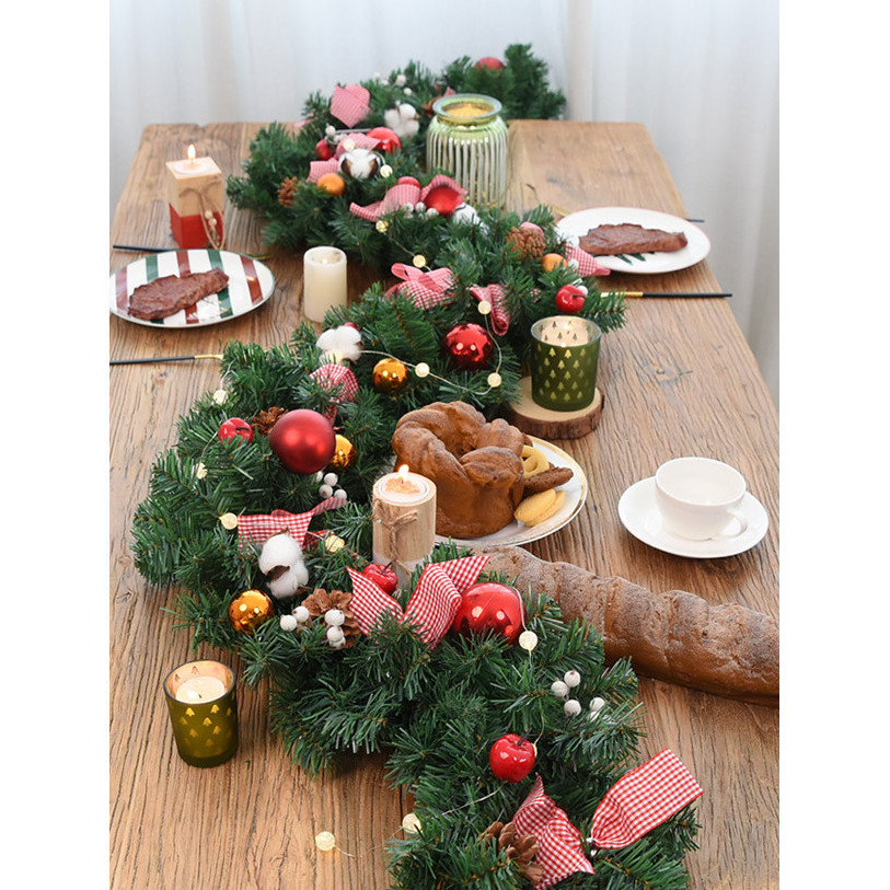 Dây Lá Thông KCS01 Nơ Vải Ca Rô Đỏ Trang Trí Noel Giáng Sinh