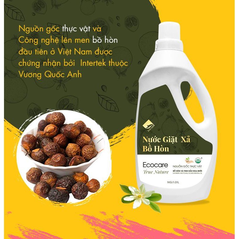 Nước Giặt Xả Hữu Cơ Bồ Hòn ECOCARE Tinh Dầu Hoa Bưởi 1L-2L-4L, Diệt Vi Khuẩn, Dịu Nhẹ Với Mọi Làn Da, Hương Thơm Mát