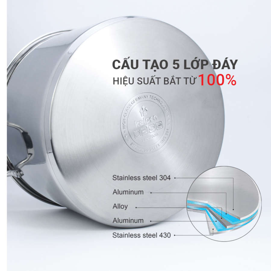 Nồi luộc gà Inox 304 cao cấp 5 đáy Kalpen size 28cm