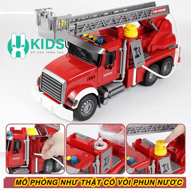 Đồ chơi mô hình xe ô tô cứu hoả chạy đà cỡ lớn hoạt động như thật có tháng kéo dài, vòi phun nước kèm đèn nhạc cho bé