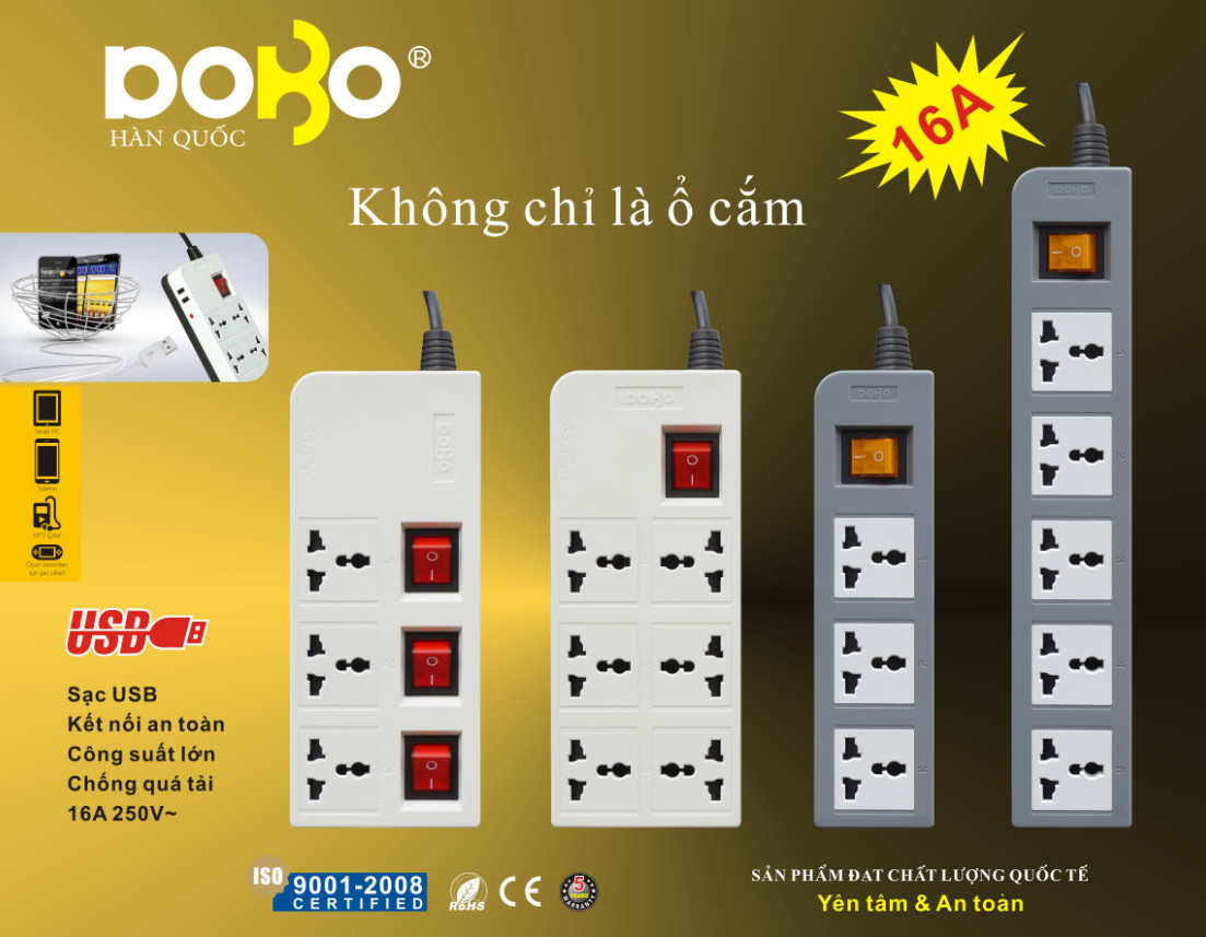 Ổ Cắm Dài 3 Lỗ Kèm Cổng USB Dobo Electric Korea (16A - 3m) - Trắng