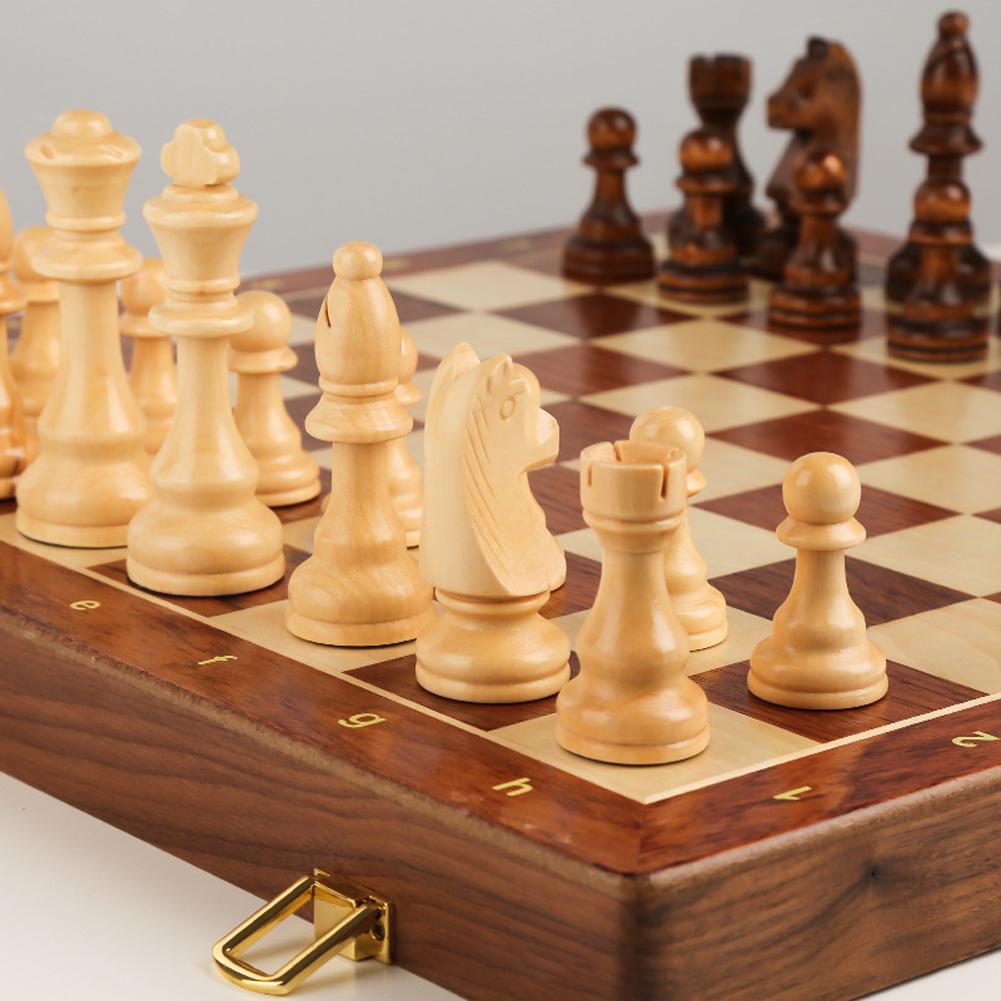 Wooden Chess Board Set 15 Inch International Chess Game Foldable Chess Board with Crafted Chess Pieces and Storage Slots