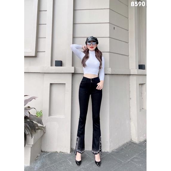 Quần jeans Nữ Ống Loe Dài Màu Đen Đính Đá Co Giãn Cao Cấp