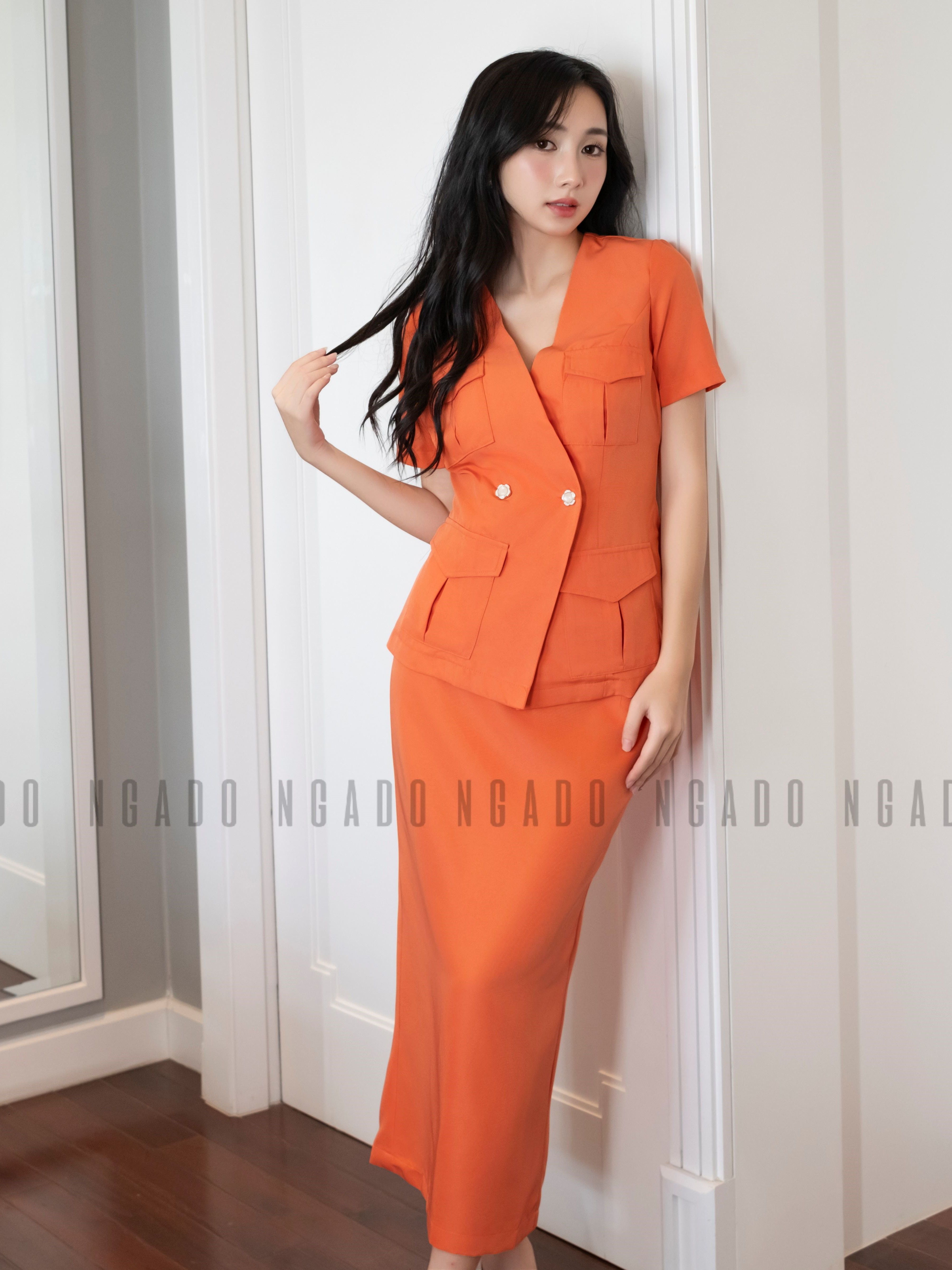 Set áo váy cam NGADO , set đồ nữ , Set váy bút chì kèm áo , Đồ công sở , Set thiết kế