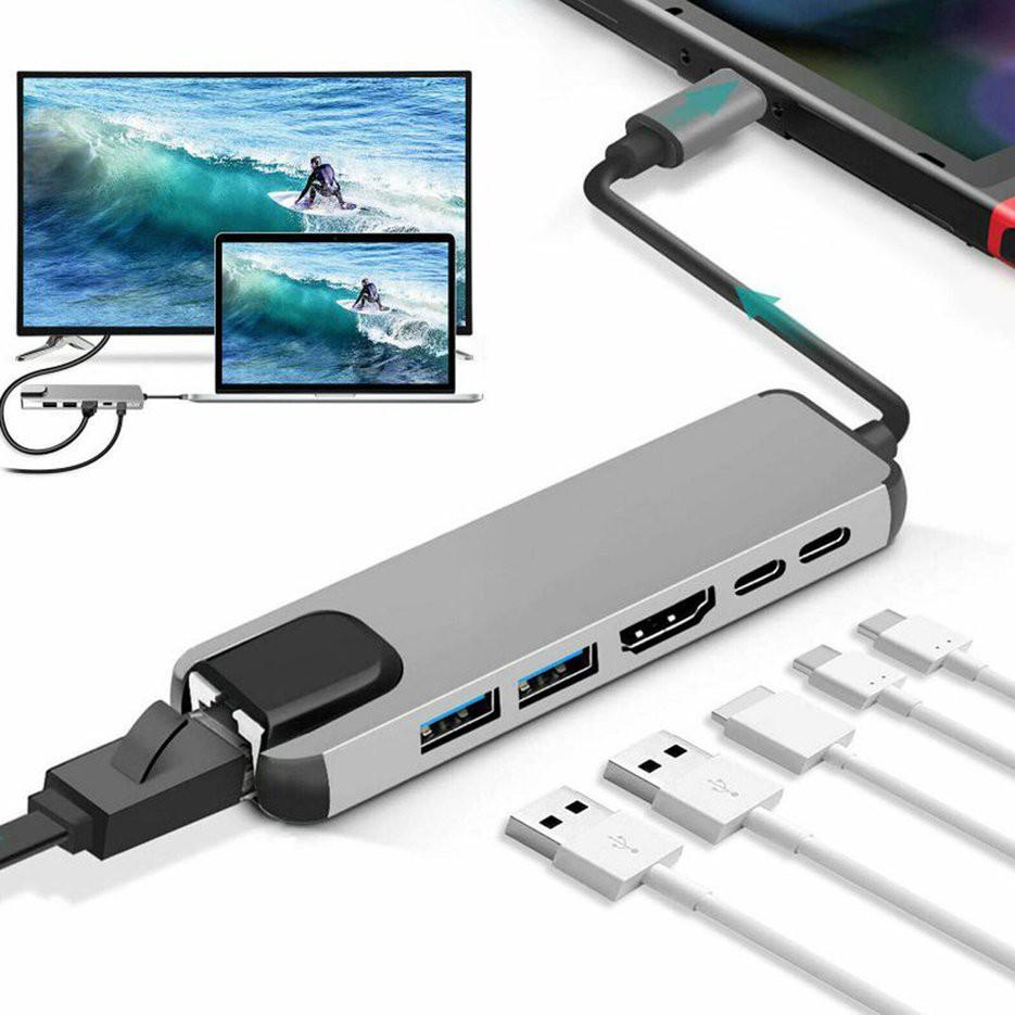 Bộ chuyển đổi nguồn 5/6 trong 1 USB type C Hdmi 4K USB 3.0 PD sang Ethernet Rj45 Lan