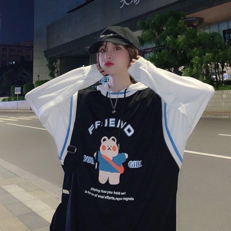 Áo hoodie gile dài tay màu xanh và đen cho nam và nữ - Hàng QCCC
