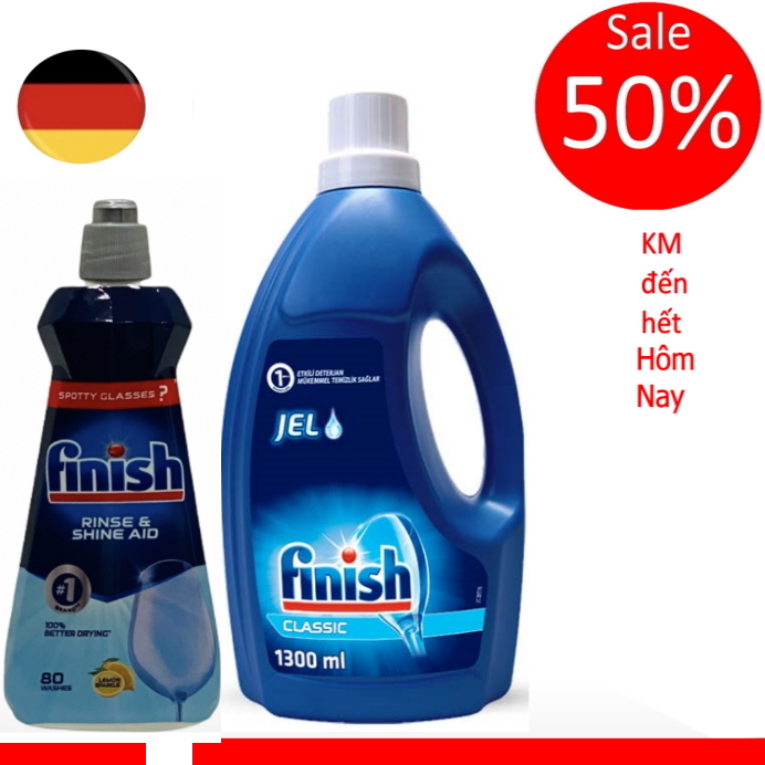 Combo Gel xà phòng rửa bát Finish Gel 1.5L+Nước làm bóng Finish 400ml Tặng 3 viên Finish