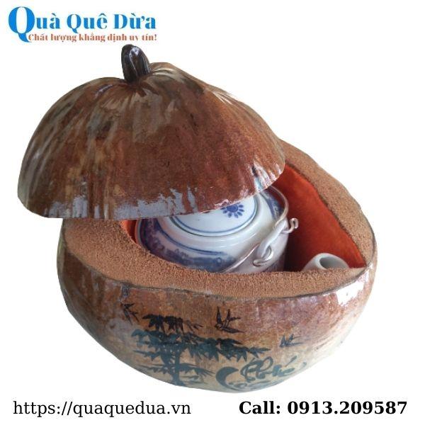 Bình Giữ Ấm Trà Trái Dừa Hoa Văn Lồng Chữ “Phúc Lộc Thọ” Và Bình Trà 400 - 950ml - Sản Phẩm Được Sản Xuất Tại Bến Tre