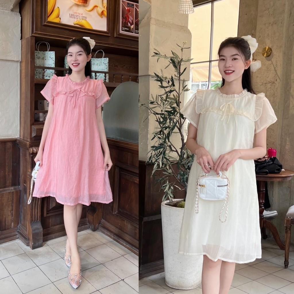 Đầm bầu tơ bèo quanh ngực đính nơ phom suông xinh xắn, đáng yêu - Xanh bơ