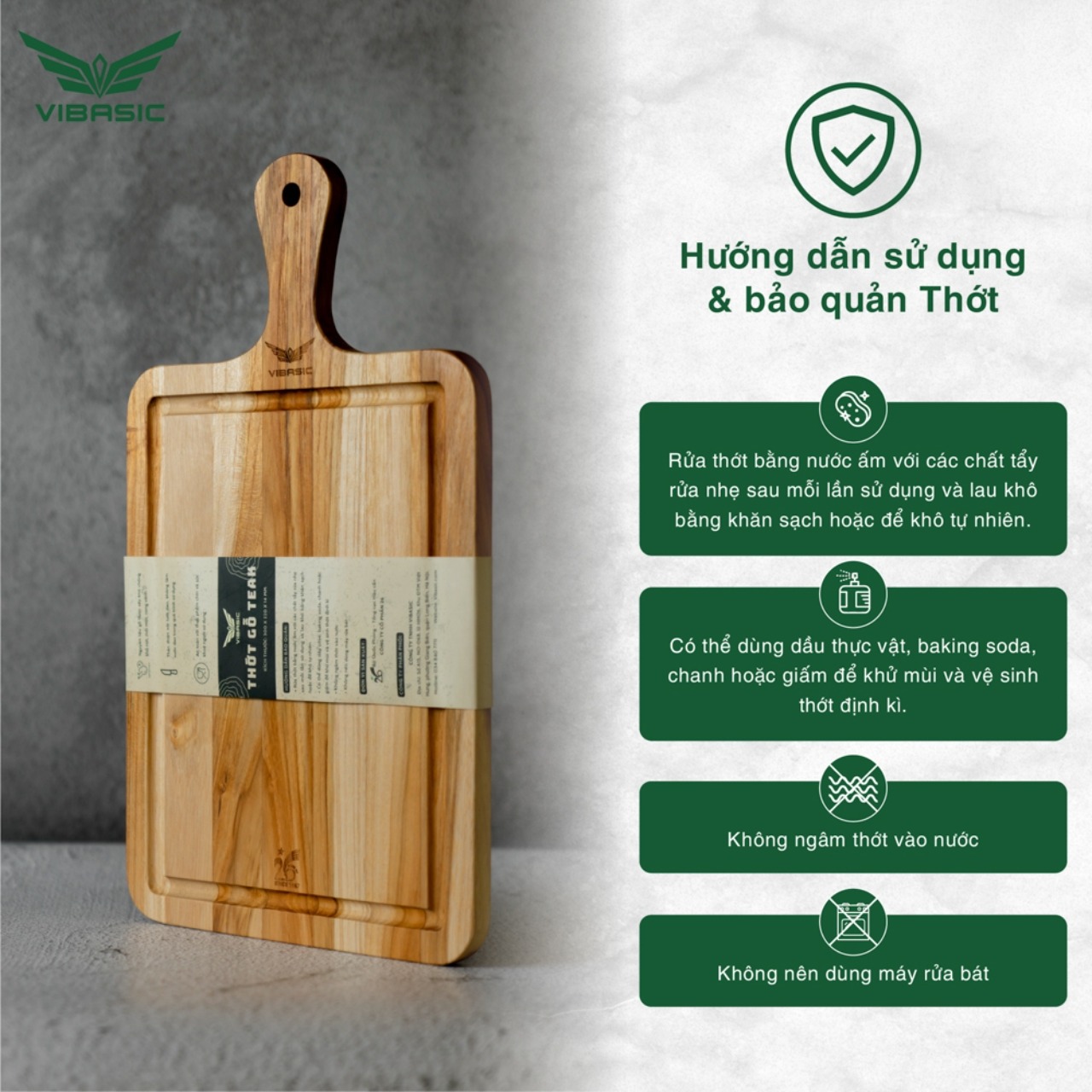 Thớt gỗ Teak Vibasic ghép ngang solid có tay cầm kích thước 300x220x18cm - Hàng chính hãng Bộ Quốc Phòng