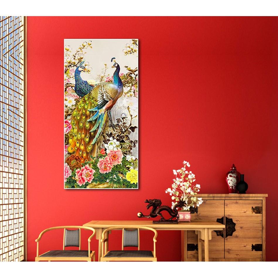 Tranh treo tường phong thủy trang trí nội thất hình chim công đủ màu
