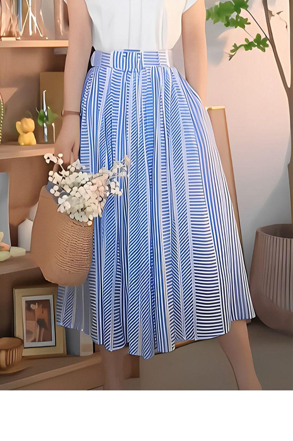 DONGSHOP Nhỏ con kiểu Pháp cao cấp váy dài thiết kế cảm giác nhỏ màu xanh sọc cao eo chữ A nửa người váy nữ mùa hè