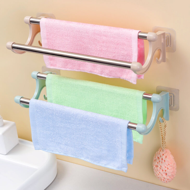 Giá Treo Khăn Nhà Tắm Dán Tường 2 Thanh INOX Giá Treo Vung Nồi Móc Đồ Nhà Bếp Tiện Lợi