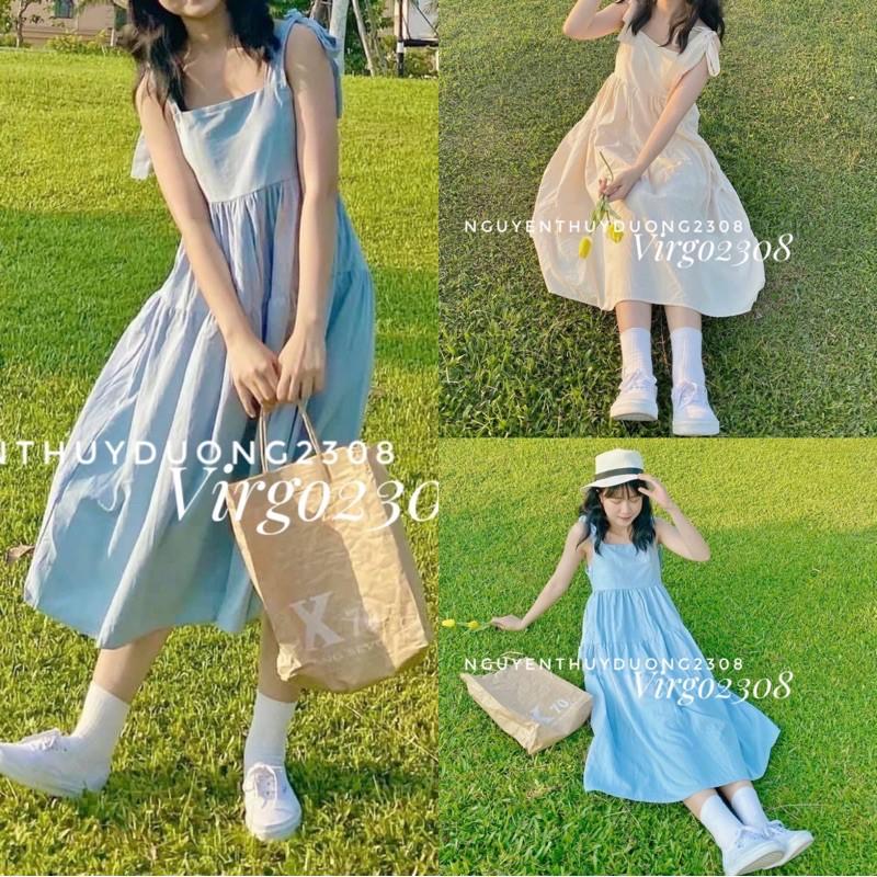 Váy thô đũi dáng babydoll 2 dây nơ vai/Đầm thô đũi babydoll