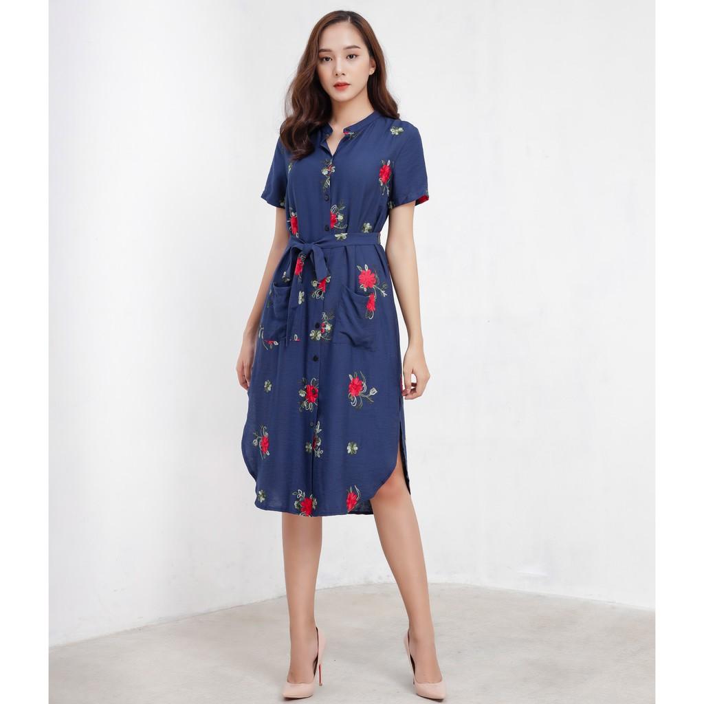 Đầm suông Midi nữ Callia Klara Blue cổ lãnh tụ tay ngắn