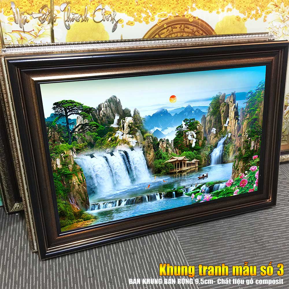 Tranh treo tường phòng khách, phòng ngủ SƠN THỦY HỮU TÌNH khung gỗ composit chất liệu pvc gương / lụa kim sa. MS:2257L9