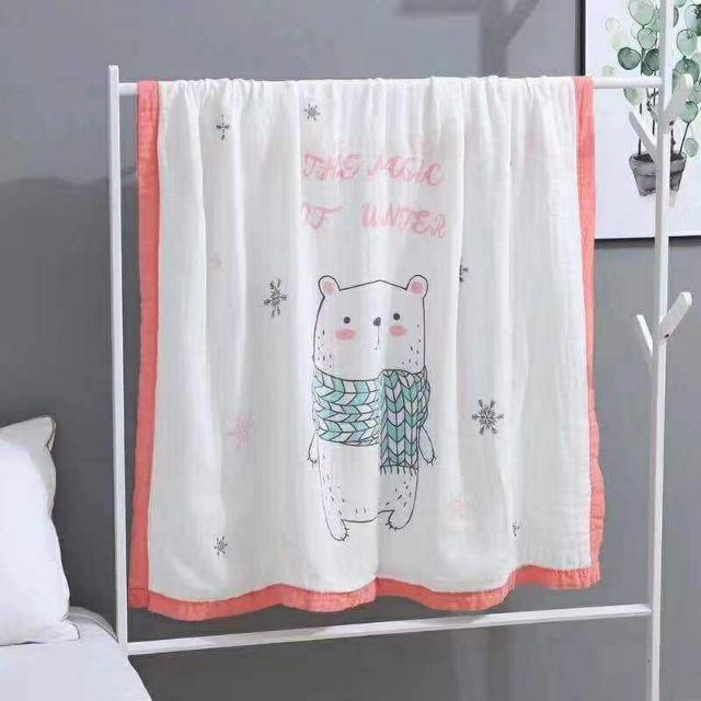 Chăn đắp sợi tre HBQKids 4 lớp bo viền vải xô dùng 4 mùa cho bé KT 110x110cm