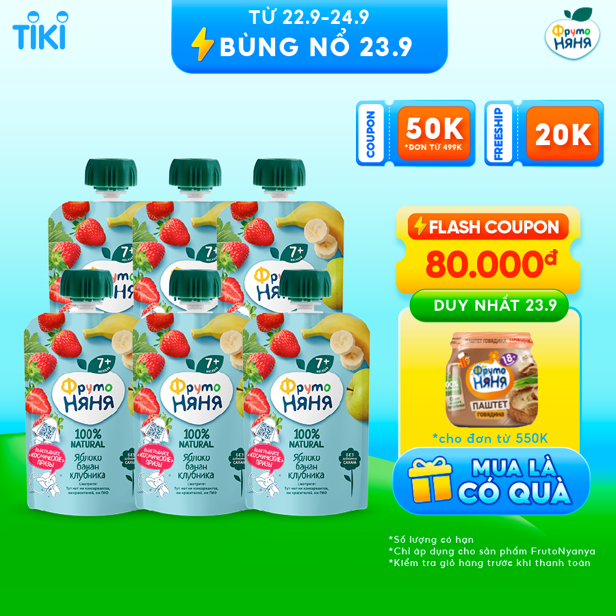 Combo 6 Gói Trái cây nghiền vị táo, chuối và dâu tây Fruto Nyanya 90g